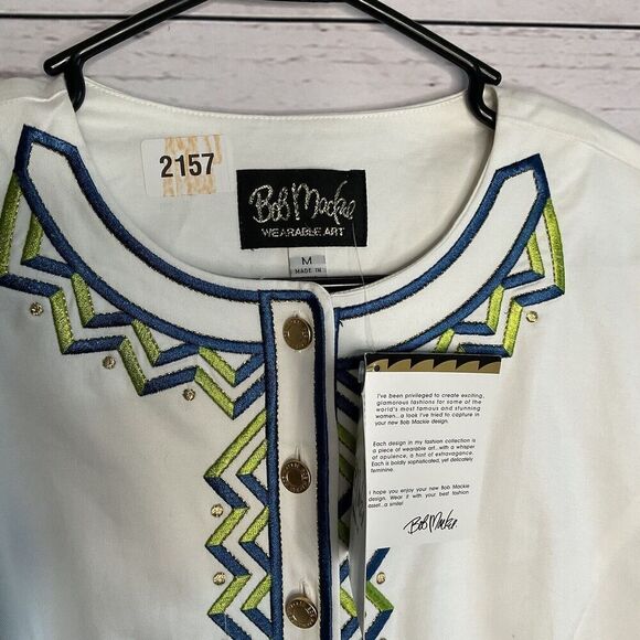 Bob Mackie Women’s M  Zip Zag Embroidered Button Front  White Twill  Jacket*‎ - Picture 2 of 11